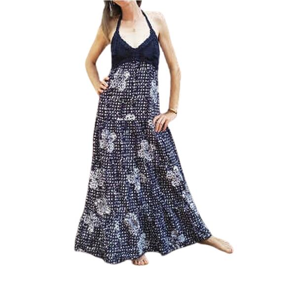 Lucky Brand John Robshaw Maxi Dress Crochet Halter Floral Size Small Blue Boho - Picture 2 of 9